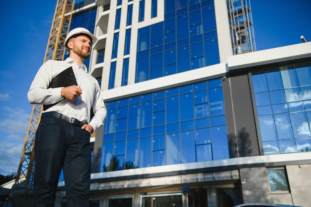 Engenheiro ao lado de guindastes de construção. Conceito - grande projeto de construção. O arquiteto dirige o processo de construção. Desenhos e tablet nas mãos.