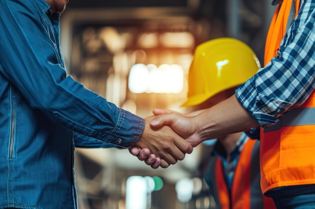 Engenheiro apertando a mão do trabalhador com fundo de construção