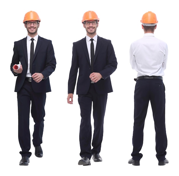 Engenheiro arquiteto bem sucedido em pleno crescimento em capacete laranja