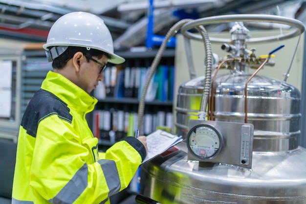 Engenheiro asiático a trabalhar na sala de operações. As pessoas da Tailândia usam capacetes. Trabalhou com diligência e paciência. Verificou o regulador da válvula no tanque de hidrogénio.