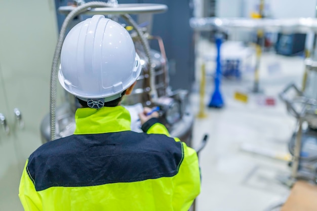 Foto engenheiro asiático a trabalhar na sala de operações. as pessoas da tailândia usam capacetes. trabalhou com diligência e paciência. verificou o regulador da válvula no tanque de hidrogénio.