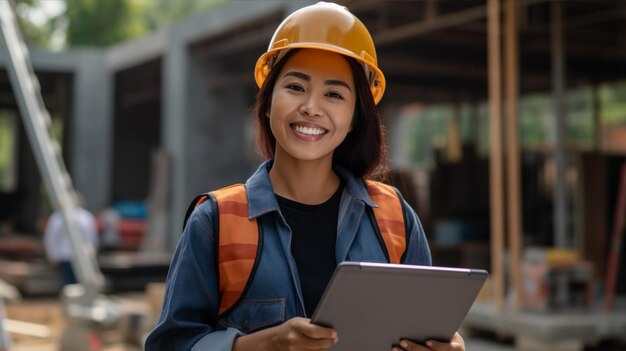 Engenheiro asiático homem bonito ou arquiteto procurando construção com capacete de segurança branco