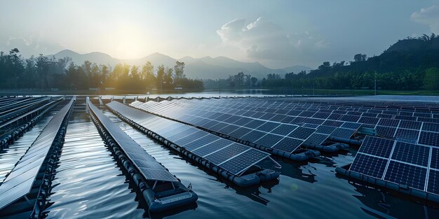 Engenheiro asiático inovador cria usina solar flutuante para geração de energia sustentável Engenharia conceitual Inovação em energia solar Sustentabilidade Engenheiro asiatico