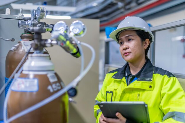 Engenheiro asiático trabalhando na sala de operações Pessoas da Tailândia usam capaceteEle trabalhou com diligência e paciênciaela verificou o regulador da válvula no tanque de hidrogênio