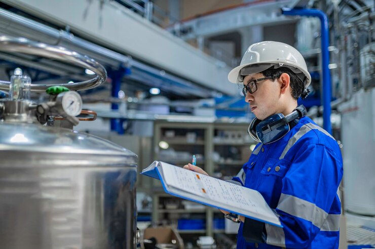 Engenheiro asiático trabalhando na sala de operações Pessoas da Tailândia usam capaceteEle trabalhou com diligência e paciênciaela verificou o regulador da válvula no tanque de hidrogênio