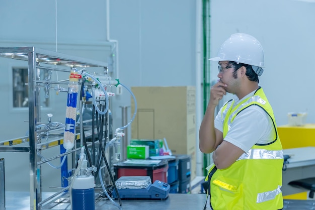 Engenheiro asiático trabalhando na sala de operaçõesTailândia pessoas usam capacete trabalhoEle trabalhou com diligência e paciência