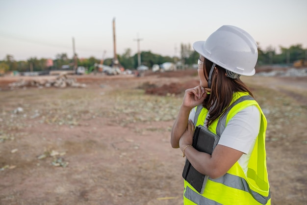 Engenheiro asiático trabalhando no local de um grande projeto de construçãoTailândia pessoasTrabalhar horas extras no canteiro de obras