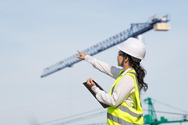 Engenheiro asiático trabalhando no local de um grande projeto de construçãoTailândia pessoasTrabalhar horas extras no canteiro de obras