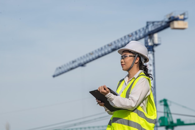 Engenheiro asiático trabalhando no local de um grande projeto de construçãoTailândia pessoasTrabalhar horas extras no canteiro de obras