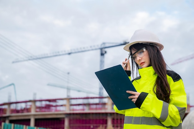 Engenheiro asiático trabalhando no local de um grande projeto de construçãoTailândia pessoasTrabalhar horas extras no canteiro de obras