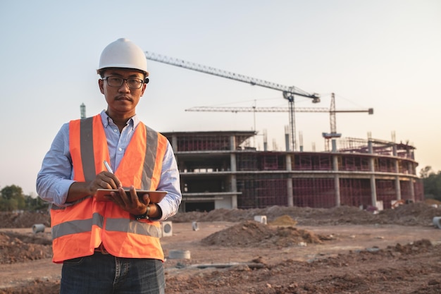 Engenheiro asiático trabalhando no local de um grande projeto de construçãoTailândia pessoasTrabalhar horas extras no canteiro de obras