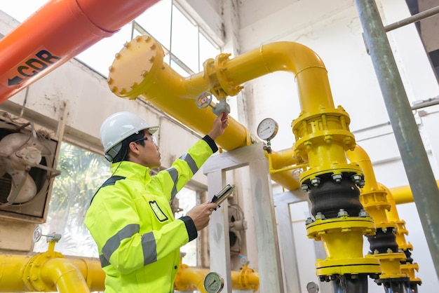 Engenheiro asiático usando óculos trabalhando na manutenção da sala da caldeira verificando dados técnicos do equipamento do sistema de aquecimentotailândia