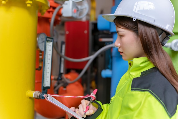 Engenheiro asiático usando óculos trabalhando na manutenção da sala da caldeira verificando dados técnicos do equipamento do sistema de aquecimentoTailândia