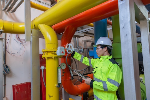 Engenheiro asiático usando óculos trabalhando na manutenção da sala da caldeira verificando dados técnicos do equipamento do sistema de aquecimentoTailândia