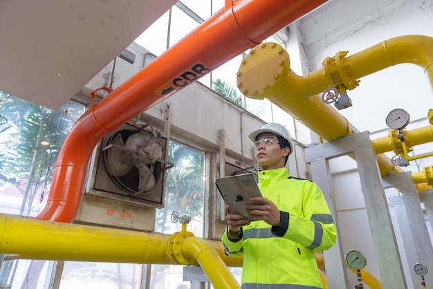 Engenheiro asiático usando óculos trabalhando na manutenção da sala da caldeira verificando dados técnicos do equipamento do sistema de aquecimentoTailândia