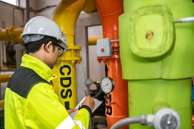 Engenheiro asiático usando óculos trabalhando na manutenção da sala da caldeira verificando dados técnicos do equipamento do sistema de aquecimentotailândia