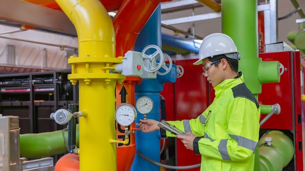 Engenheiro asiático usando óculos trabalhando na manutenção da sala da caldeira verificando dados técnicos do equipamento do sistema de aquecimentoTailândia
