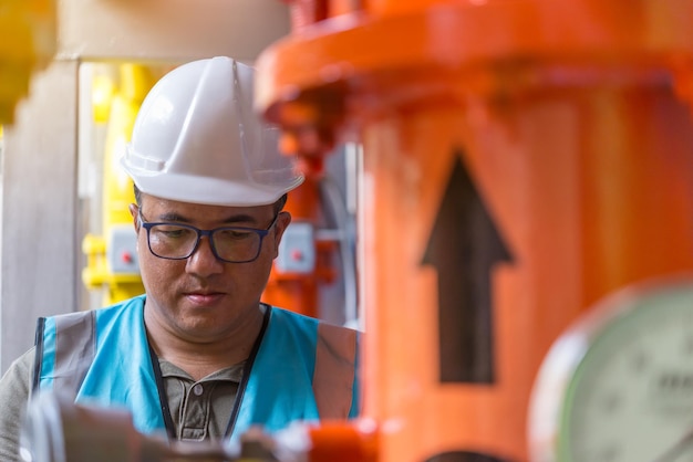 Engenheiro asiático usando óculos trabalhando na manutenção da sala da caldeira verificando dados técnicos do equipamento do sistema de aquecimentotailândia