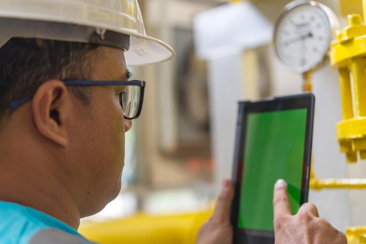 Engenheiro asiático usando óculos trabalhando na manutenção da sala da caldeira verificando dados técnicos do equipamento do sistema de aquecimentoTailândia
