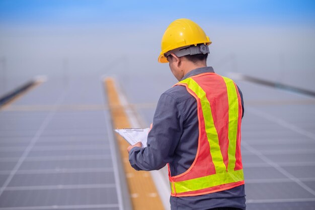 Engenheiro Asiático verificando a energia da célula de energia solar no telhado da fábrica