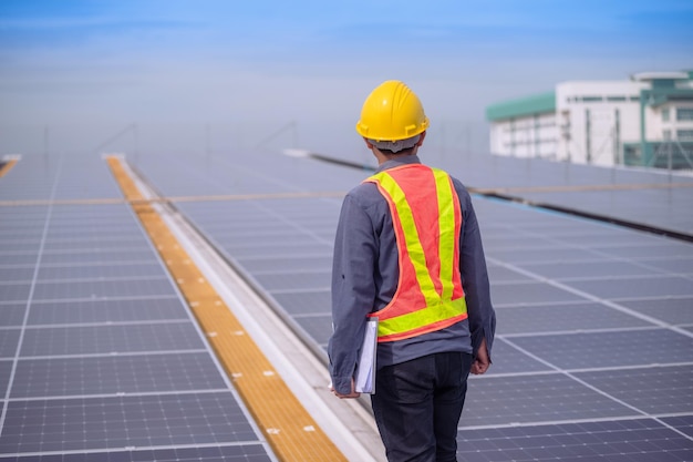 Engenheiro asiático verificando energia de célula de energia solar no telhado da fábrica Trabalhador asiático trabalhando para instalar sistema de célula solar de energia solar para usar energia solar limpa