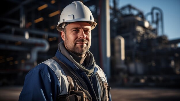 Foto engenheiro caucasiano em uniforme e chapéu duro trabalhador fábrica industrial de cimento