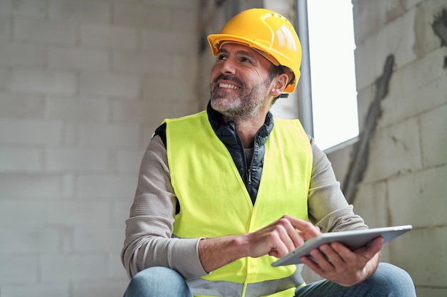 Engenheiro caucasiano sentado nas escadas e navegando no tablet digital no canteiro de obras