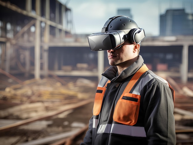 Foto engenheiro civil arquitetônico futurista usando um fone de ouvido de realidade aumentada em um canteiro de obras