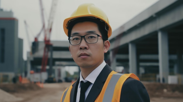 Engenheiro civil asiático de 30 anos com rosto determinado no canteiro de obras Generative AI AIG21
