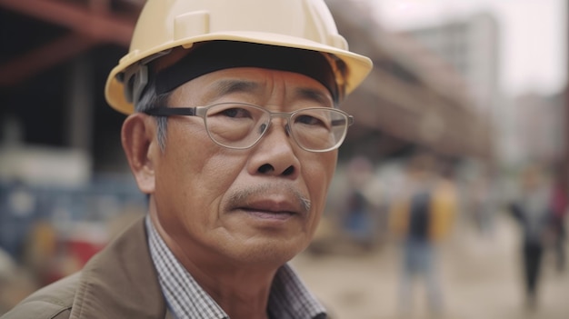Engenheiro civil asiático sênior com rosto determinado no canteiro de obras Generative AI AIG21