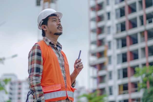 Engenheiro civil masculino inspeciona um complexo habitacional em um canteiro de obras