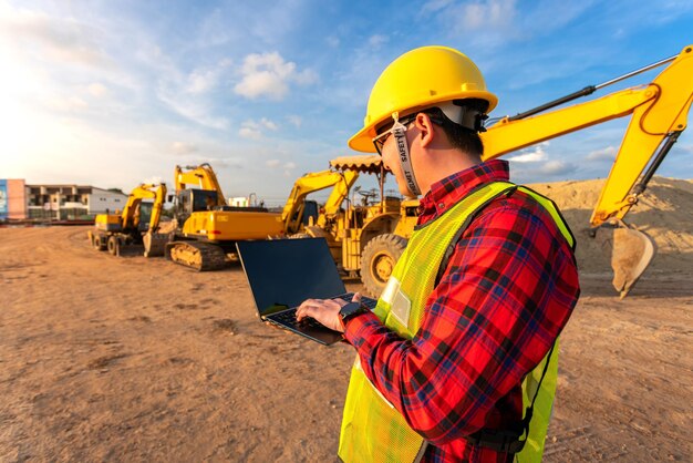 Engenheiro civil técnico asiático usa tablet com tecnologia de caneta inteligente na construção do local de transporte para inspecionar o trabalho de engenharia de planta on-line com a equipe na hora do pôr do sol