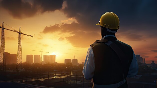 Engenheiro com capacete amarelo garante a segurança do trabalhador em meio a novas construções e guindastes contra um pôr do sol noturno