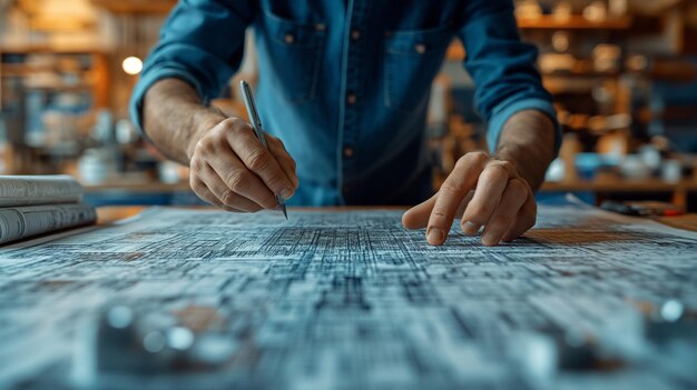 Engenheiro com capacete de segurança verificando projetos complexos na produção industrial generativa ai