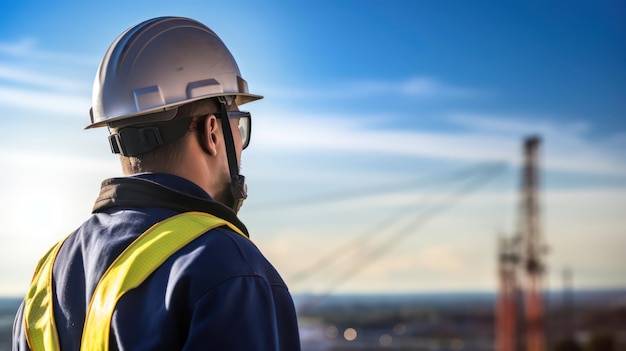 engenheiro com capacete e pano de segurança fica contra o céu azul