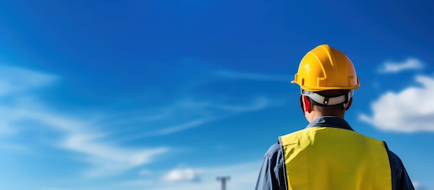 engenheiro com capacete e pano de segurança fica contra o céu azul