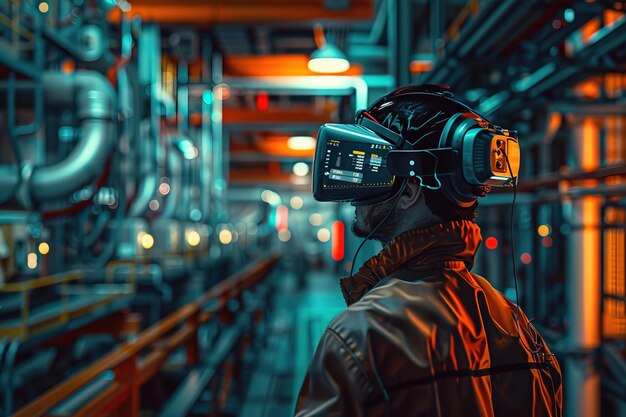 Engenheiro com fone de ouvido VR conduzindo inspeção de máquinas virtuais