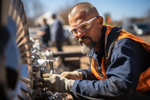 engenheiro com óculos trabalhando em uma turbina elétrica de energia eólica