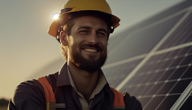 Engenheiro com um sorriso verificando a operação do sol e a limpeza dos painéis solares fotovoltaicos AI Generative