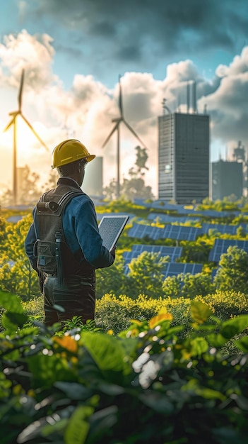 engenheiro com um tablet na mão olhando para o inversor de corda solar com vento