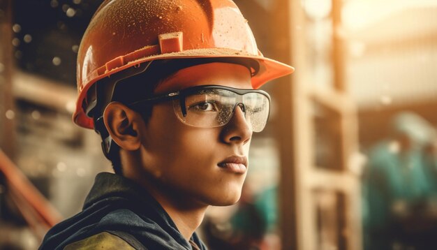 Engenheiro confiante com chapéu e óculos trabalhando em um canteiro de obras gerado por inteligência artificial