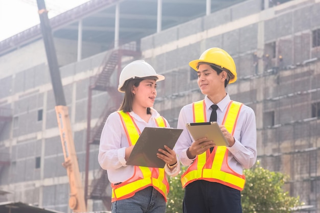 Engenheiro da equipe asiática em pé falando sobre o plano de fundo do projeto de construção