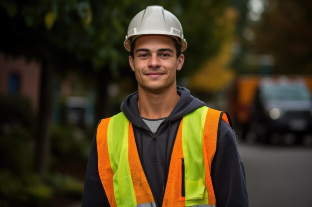 Engenheiro de cabelo curto usando um capacete e colete de segurança