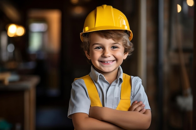 Engenheiro de canteiro de obras de crianças felizes com capacete