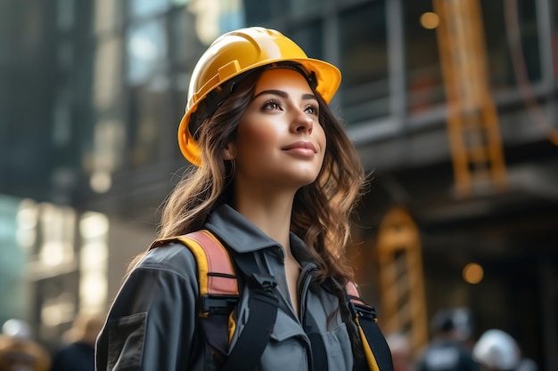 Engenheiro de canteiro de obras feminino com capacete