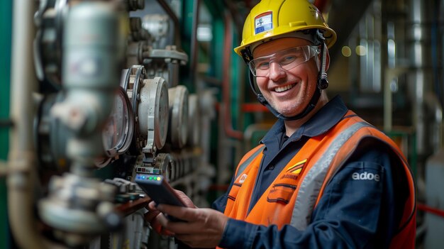 Foto engenheiro de capacete de segurança segurando um dispositivo eletrônico para controlar máquinas sorrindo alegremente