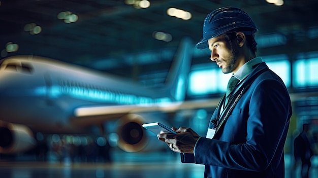 Engenheiro de capacete e colete examina aeronaves com tablet na mão