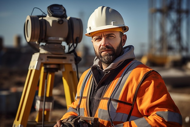 Engenheiro de construção com equipamento de trânsito de teodolito no local de construção