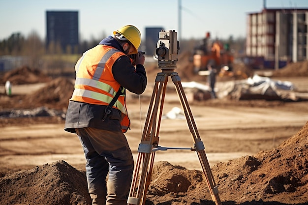Foto engenheiro de construção com equipamento de trânsito de teodolito no local de construção