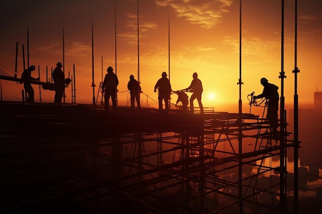 Engenheiro de construção empreiteiro equipe profissional pessoas civis segurança do local antecedentes conceito de negócio projeto trabalho de desenvolvimento industrial silhueta trabalho em equipe de pôr-do-sol